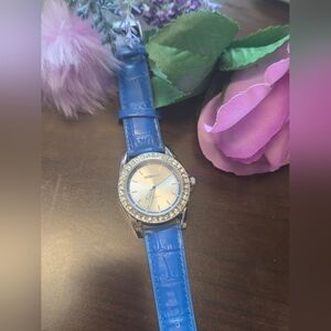 Blue Leather Strap Manhattan Quartz Watch with Crystal Accents